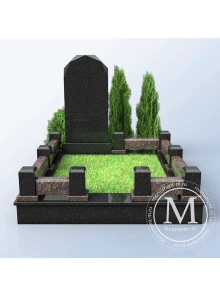 Памятник из темного гранита с массивной оградой в Санкт-Петербурге 3D макет