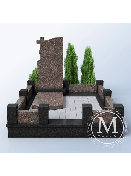 Памятник из коричневого гранита с плиткой и оградой в Санкт-Петербурге 3D макет