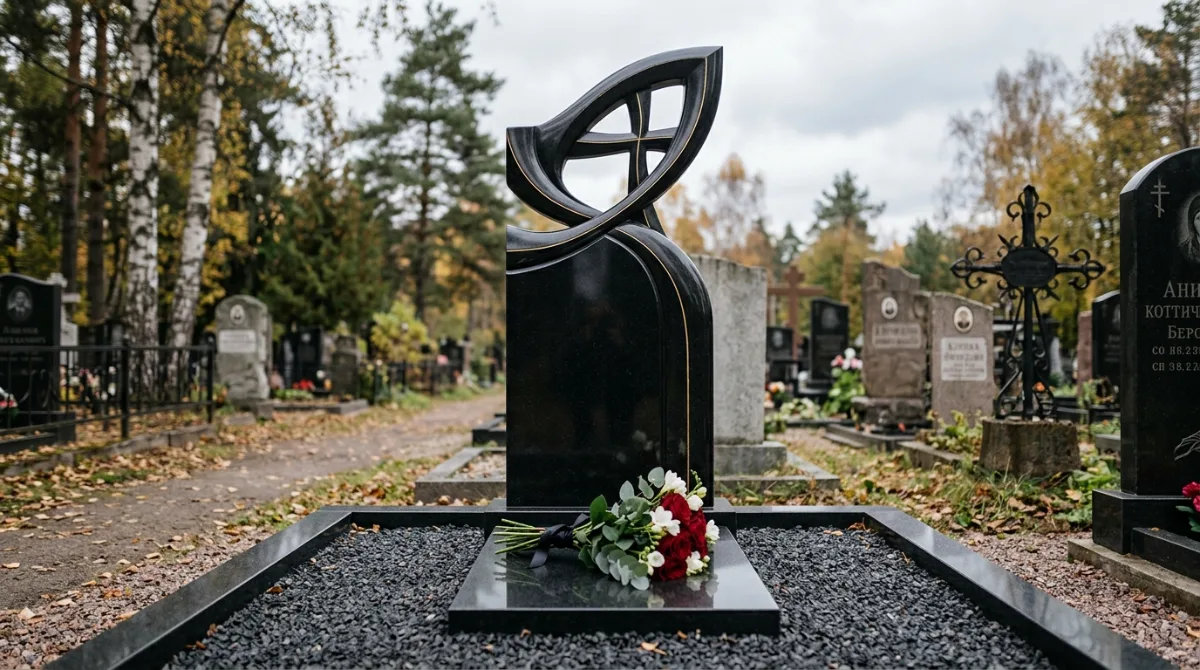Памятник абстрактной формы из чёрного гранита с прорезью в виде листа