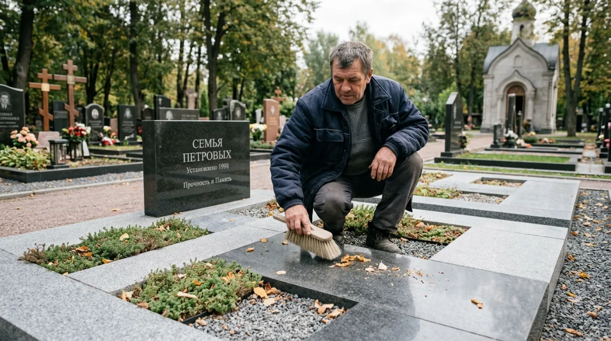 Рабочий очищает гранитную плиту семейного захоронения