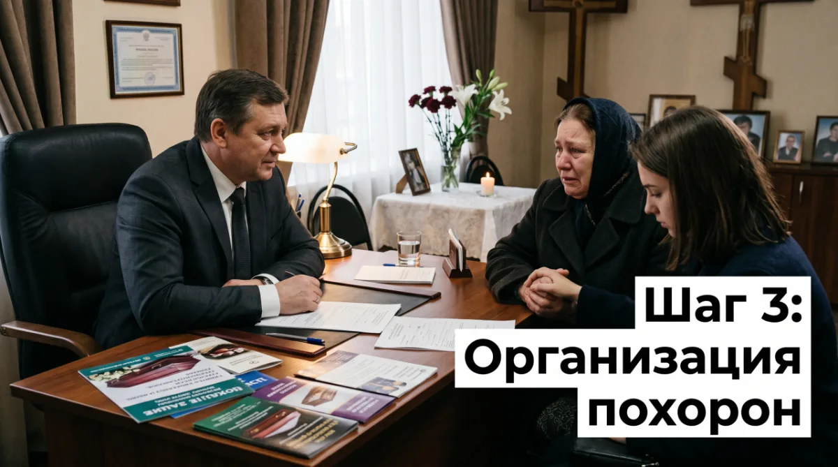 Шаг 3: семья на встрече с сотрудником ритуальной службы при организации похорон