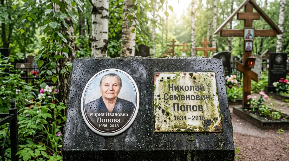 Гранитный памятник с керамическим фотоовалом и табличкой на кладбище