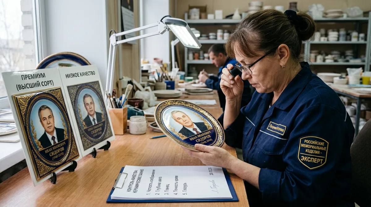 Приёмка качества керамических фотоовалов с лупой в мастерской