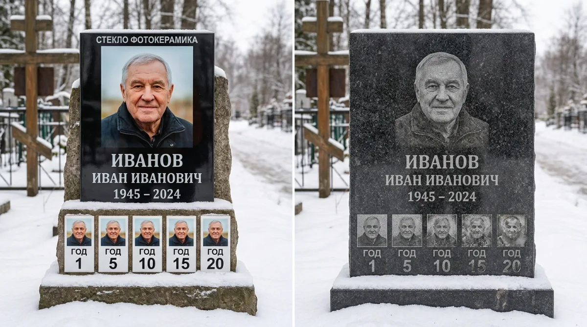 Памятник с фотокерамикой на стекле и памятник с гравировкой портрета
