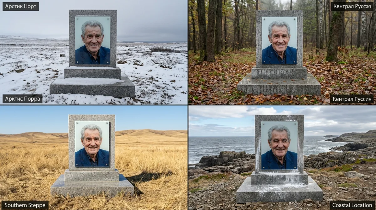 Стеклянное фото на памятнике в четырёх климатических зонах России