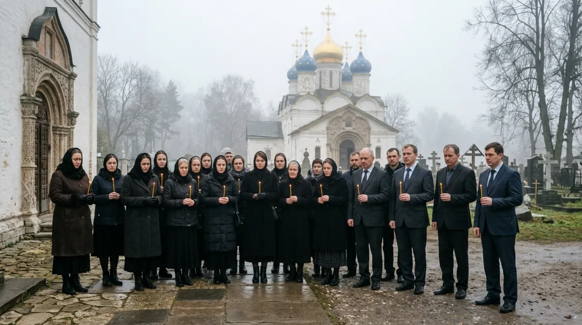 Люди в траурной одежде у храма во время прощания с усопшим