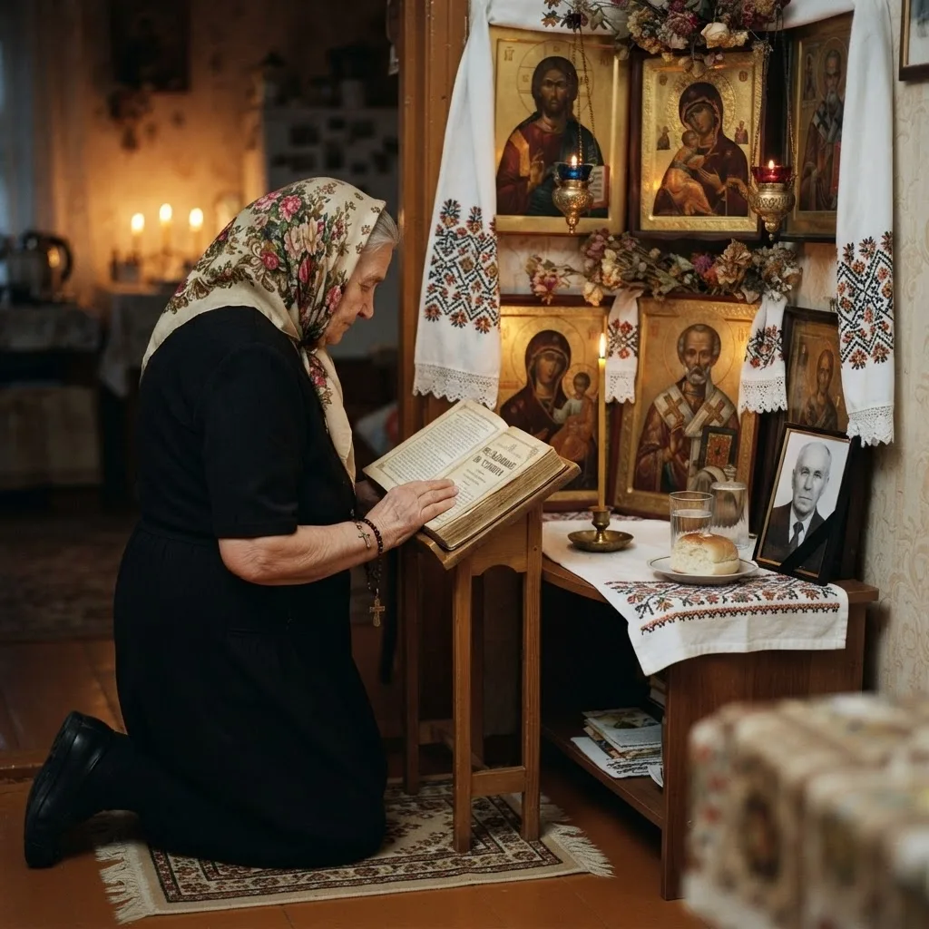 Домашнее чтение заупокойной молитвы перед иконами и свечой