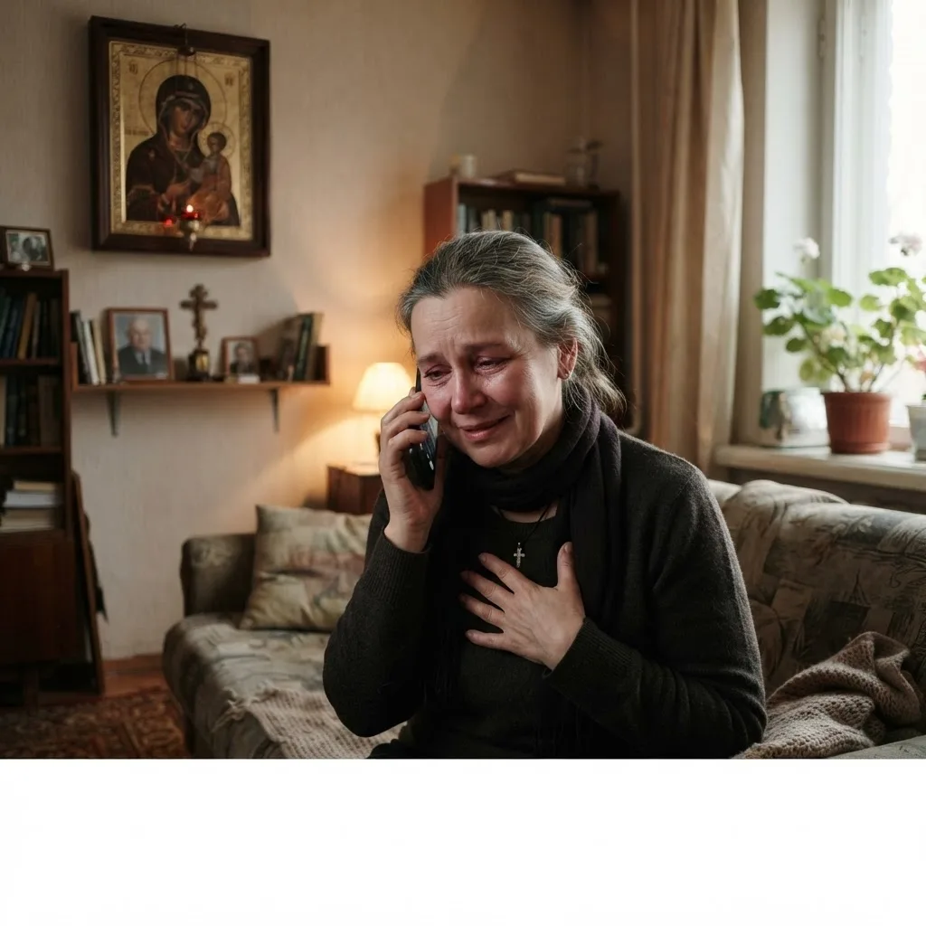Женщина отвечает на соболезнования по телефону дома