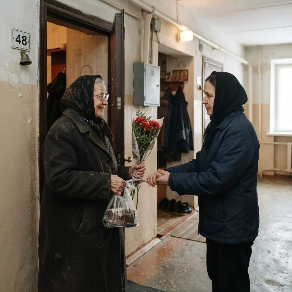 Соседка приносит цветы и выражает соболезнования у двери