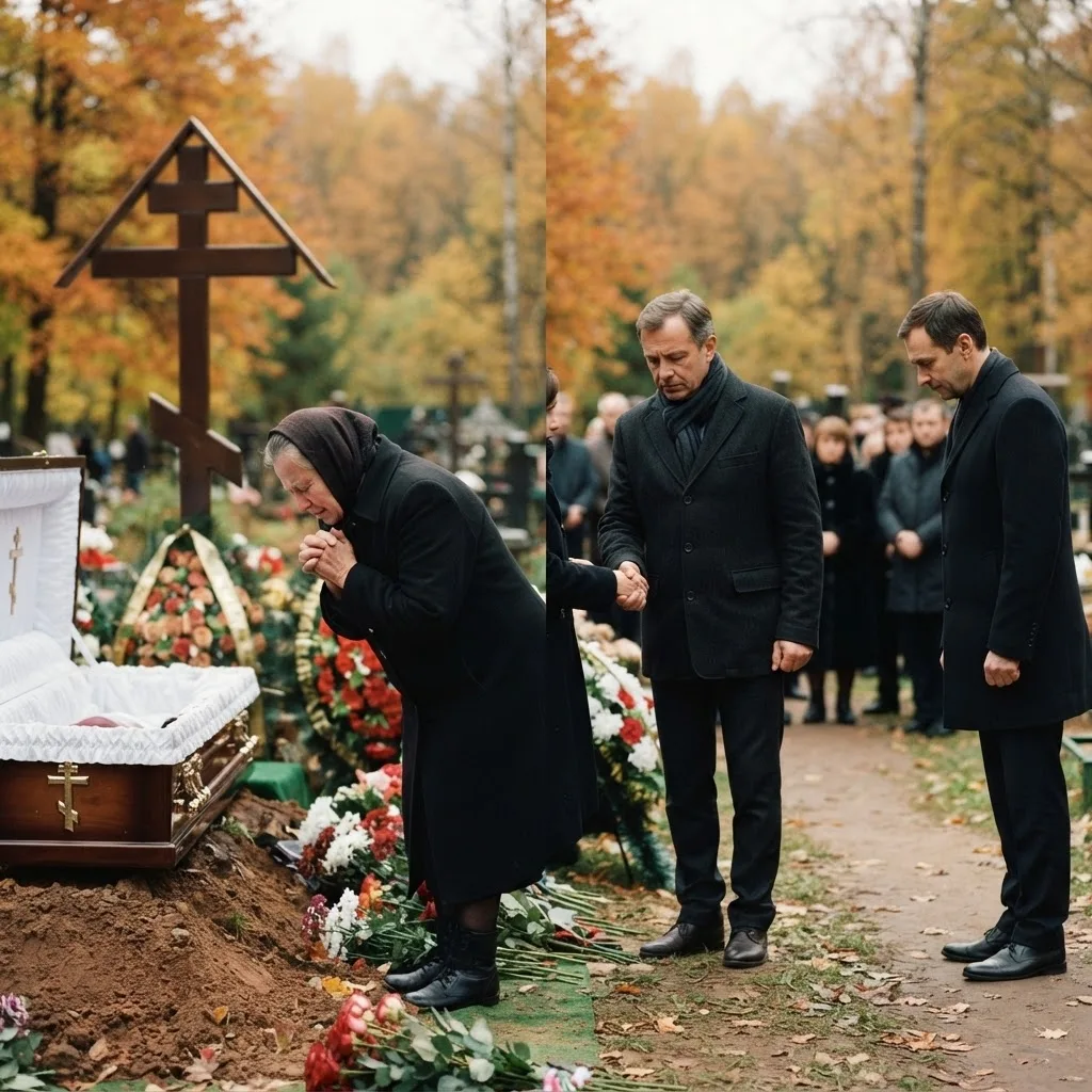 Близкие принимают соболезнования у могилы на кладбище