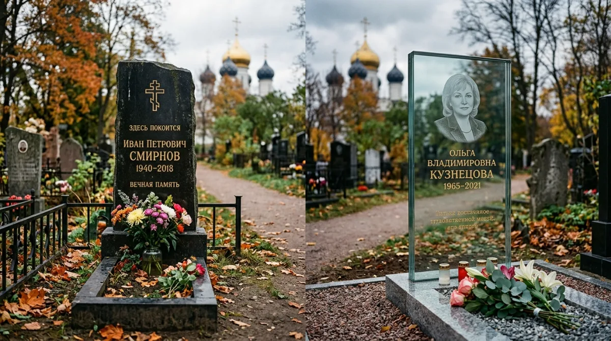Гранитный и стеклянный памятники рядом на кладбище для сравнения