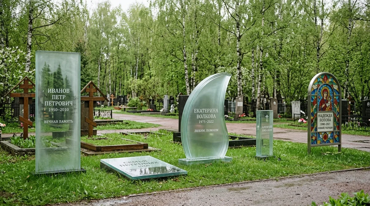 Два стеклянных памятника разной формы — прямоугольный и в виде волны