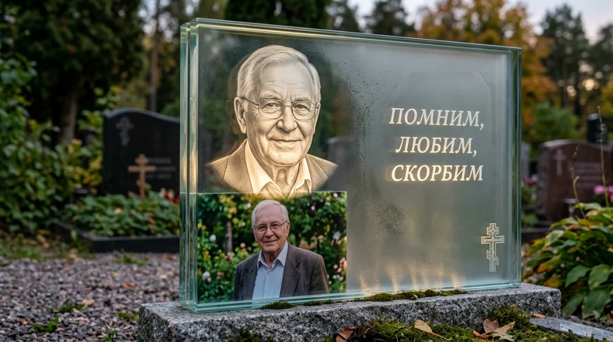 Стеклянный памятник с цветным портретом и надписью «Помним, любим, скорбим»