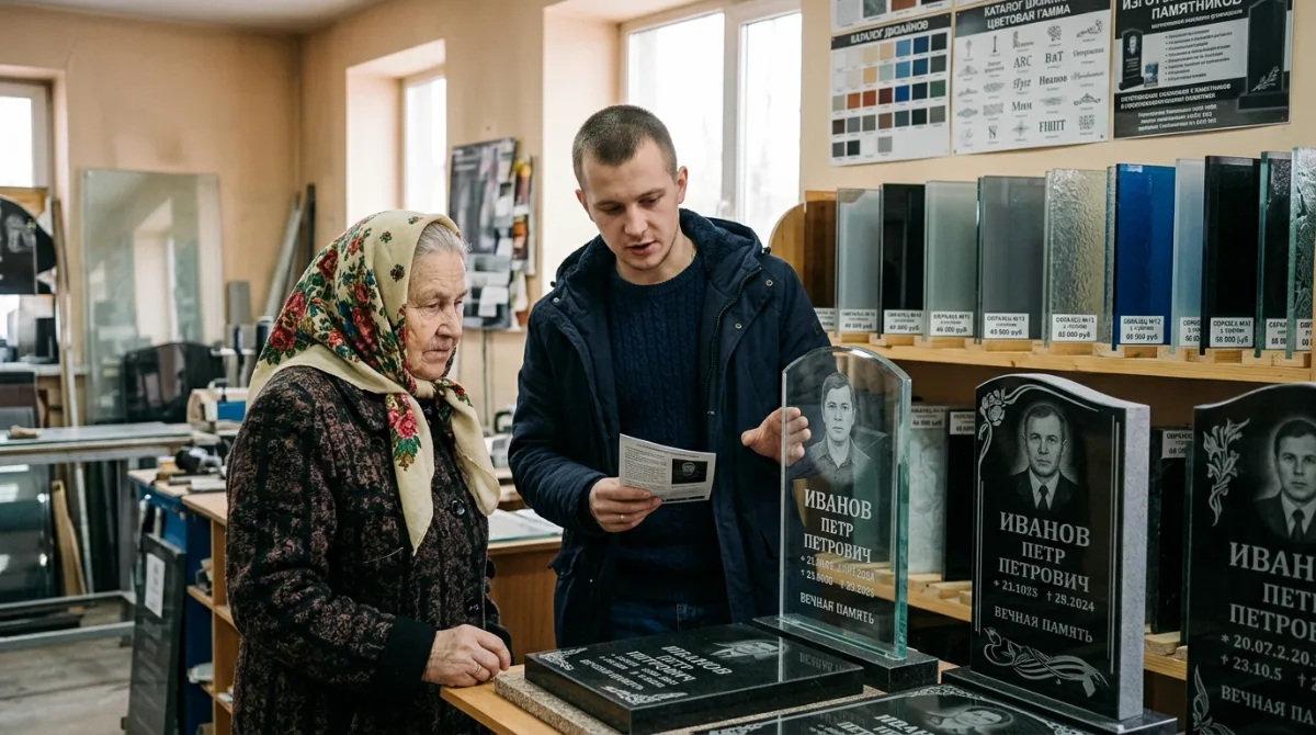 Консультация в салоне: менеджер показывает покупательнице образцы памятников