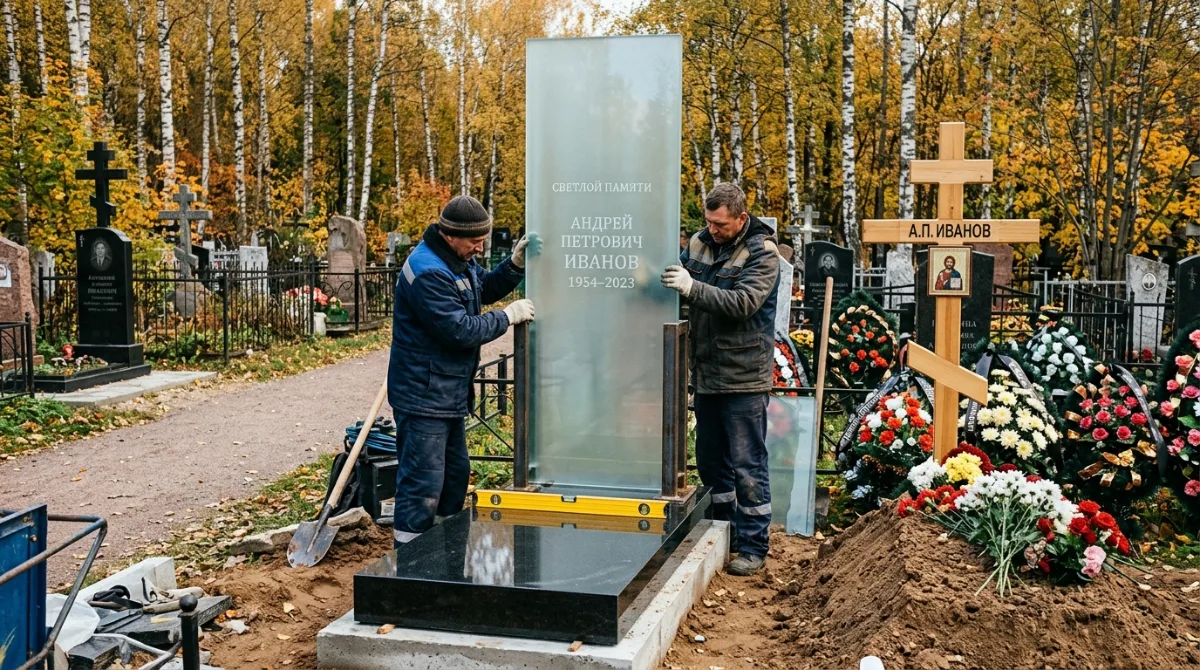 Рабочие устанавливают стеклянный памятник на участке захоронения