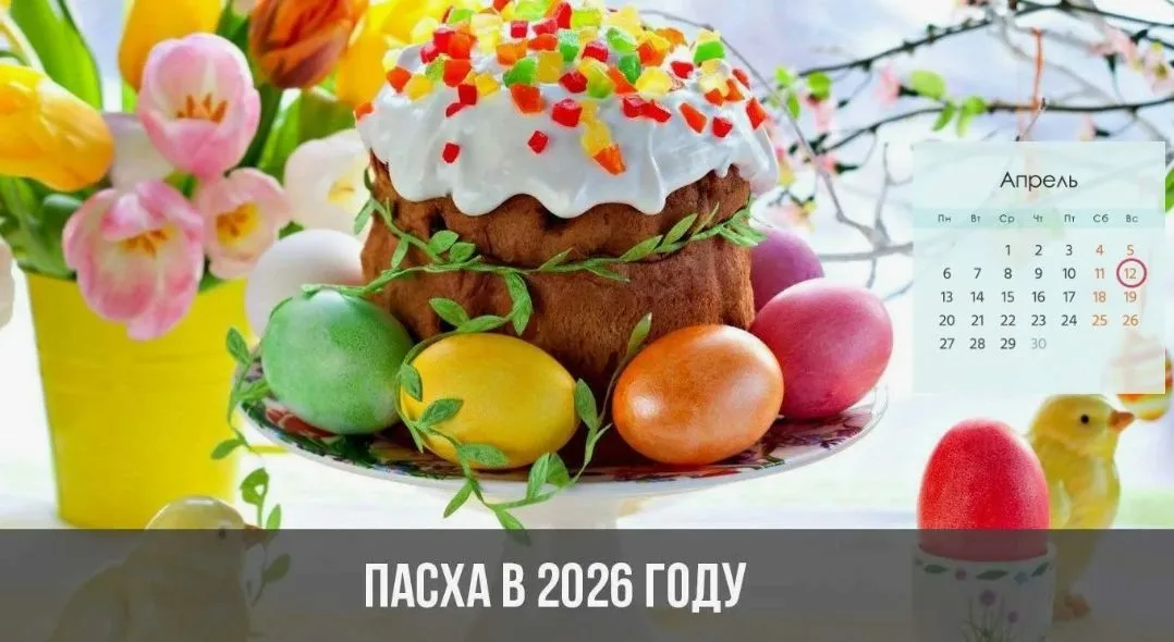 Заставка «Пасха в 2026 году»: кулич, крашеные яйца и календарь апреля