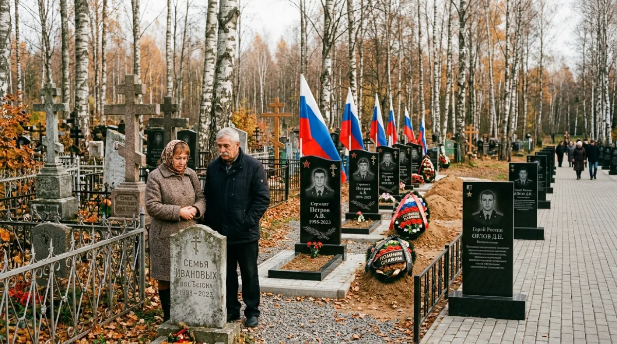 Участок воинских захоронений с флагами, родственники у памятников