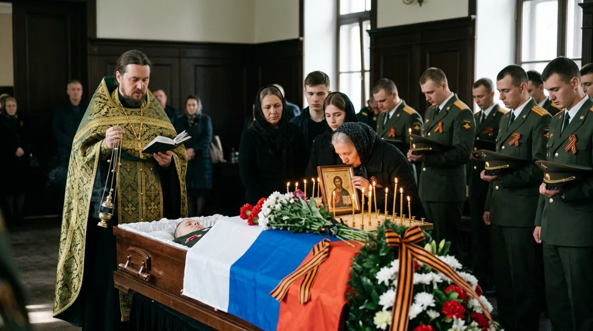 Отпевание погибшего военнослужащего: священник у гроба, военные с венками