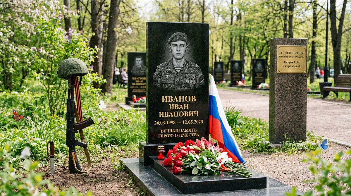 Памятник военнослужащему с портретом, каской и флагом, рядом мемориальная стела