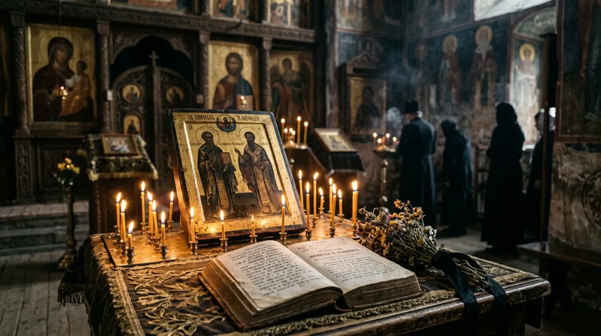 Раскрытая богослужебная книга и горящие свечи перед иконами в храме
