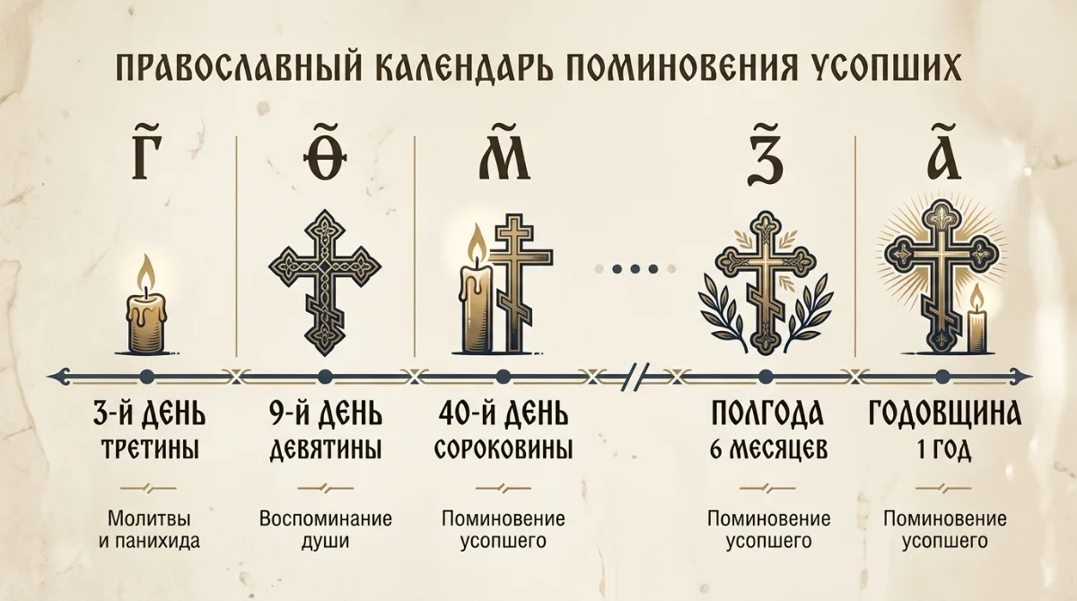 Схема православного календаря поминовения усопших: 3-й, 9-й, 40-й день, полгода и годовщина