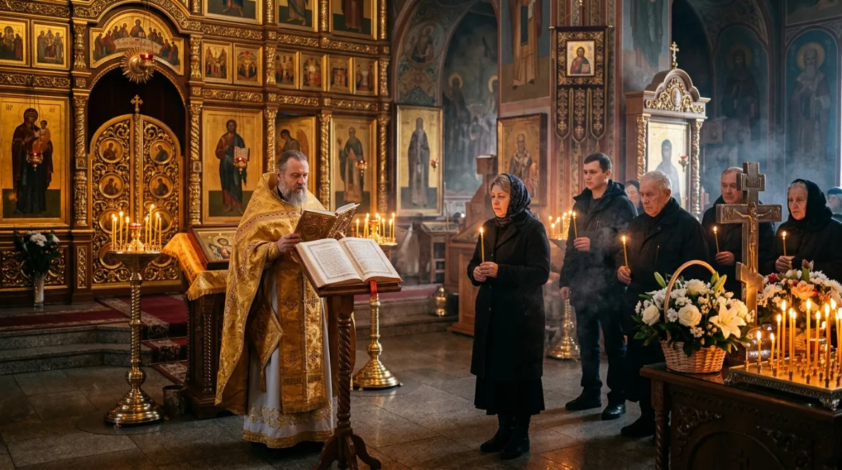 Богослужение в храме: священник у аналоя и прихожане со свечами