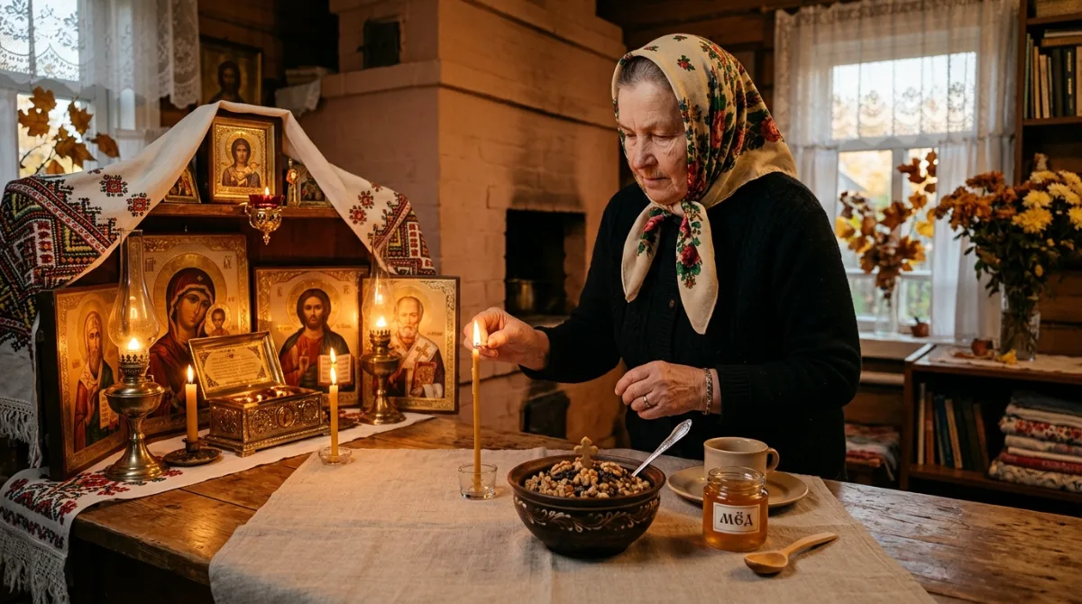 Женщина в платке ставит поминальные блюда на стол перед иконами