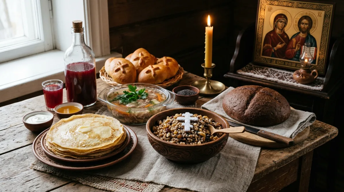 Поминальный стол: кутья, блины, кисель, хлеб, свеча и икона