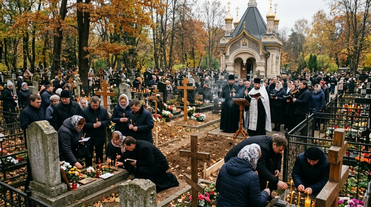 Люди у могил на кладбище в день общего поминовения, вдали часовня