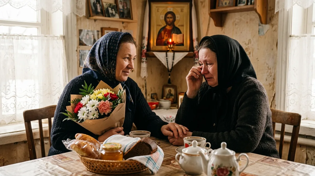 Две женщины за поминальным столом поддерживают друг друга