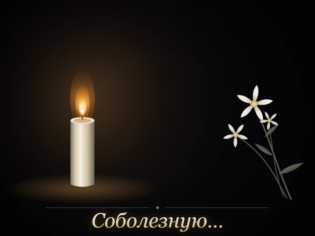 Траурная открытка: горящая свеча, белые цветы и надпись «Соболезную»
