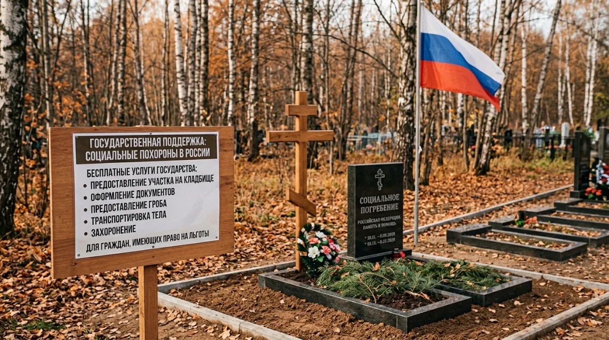 Социальное захоронение на кладбище: деревянный крест и стенд о господдержке