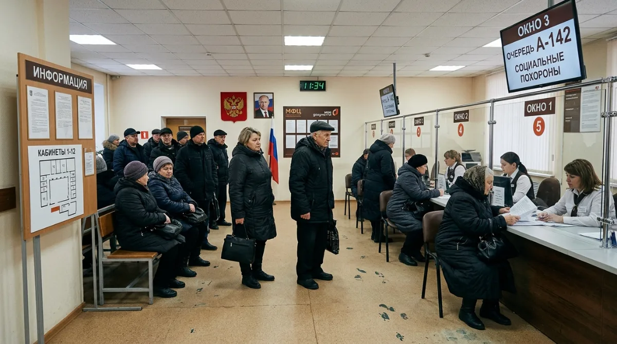 Очередь посетителей в зале МФЦ при оформлении социального погребения