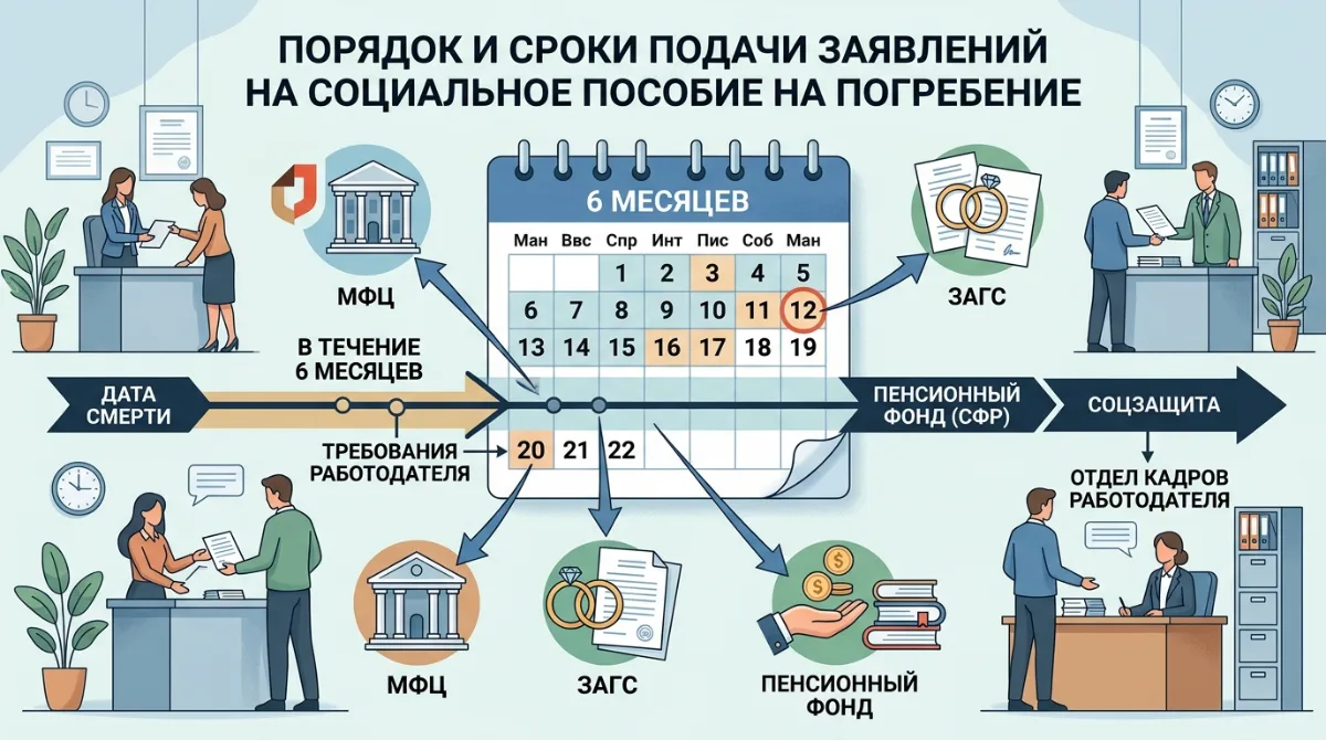 Схема: порядок и сроки подачи заявления на социальное пособие на погребение