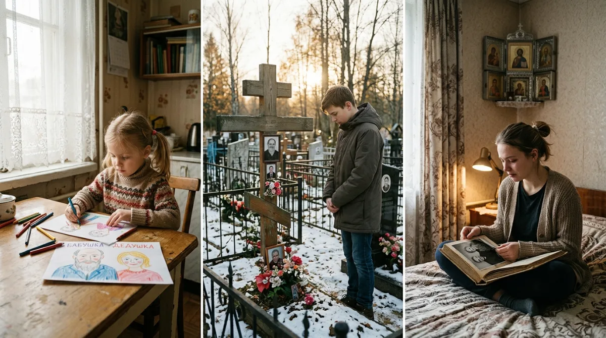 Как переживают утрату дети разного возраста: рисунок, подросток у могилы, девушка с фотоальбомом