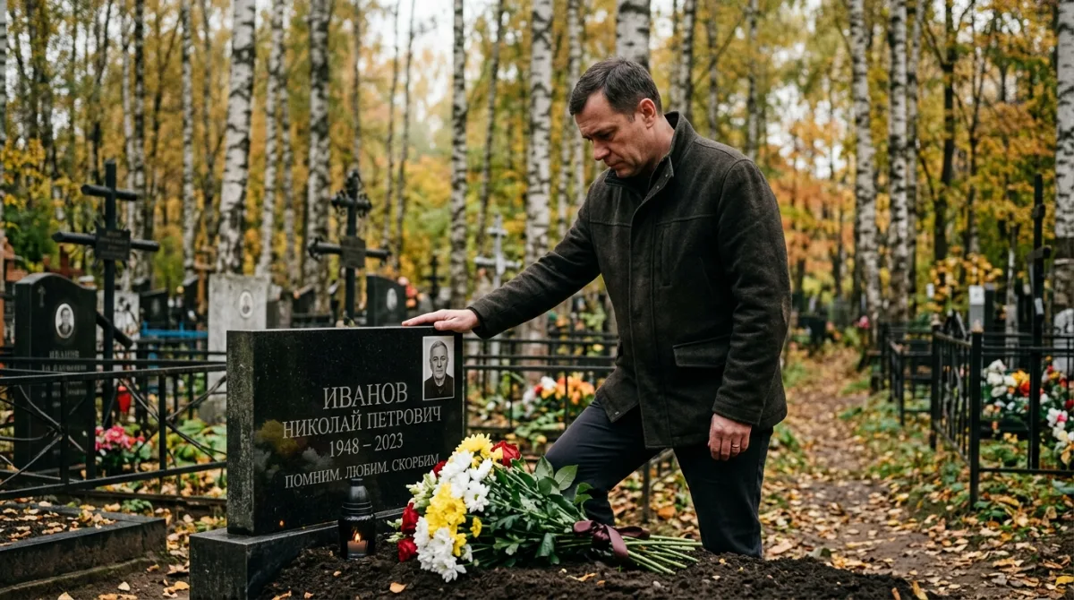 Мужчина у могилы родителей осенним днём
