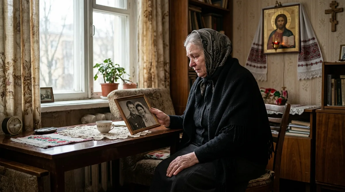 Пожилая женщина рассматривает старые фотографии у окна