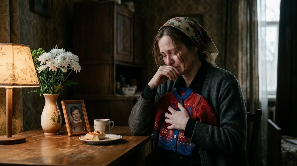 Человек за столом с фотографией близкого и белыми цветами