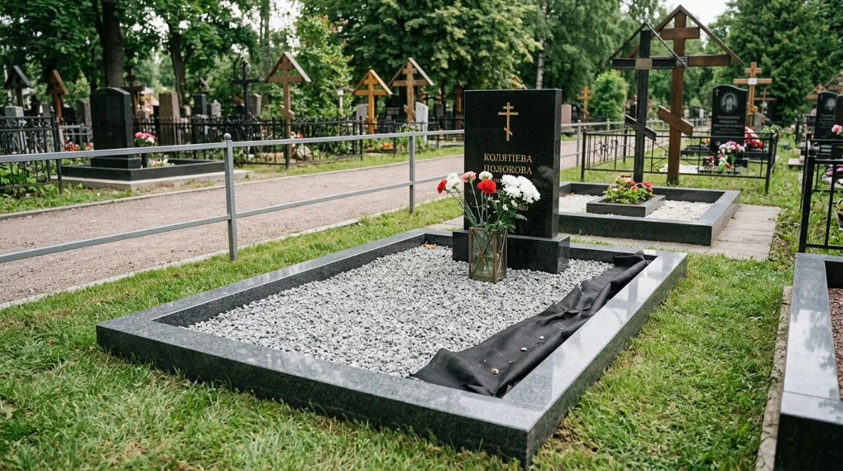 Ухоженный участок захоронения с гранитной плитой, дорожкой и газоном