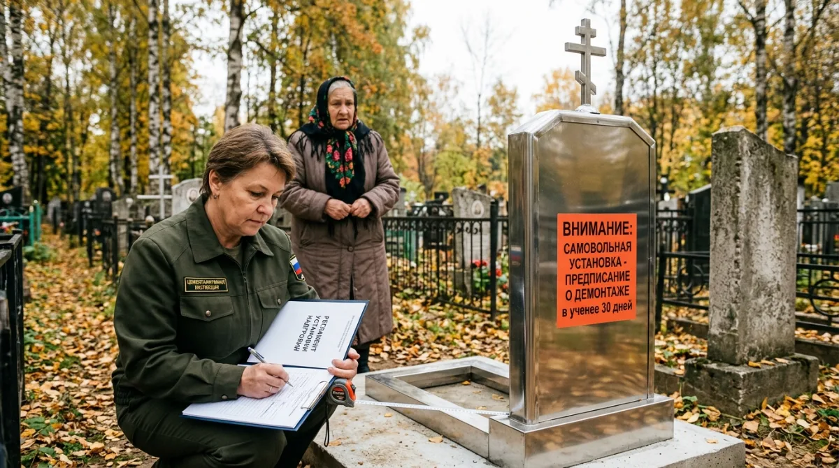 Инспектор составляет акт у памятника, установленного с нарушением