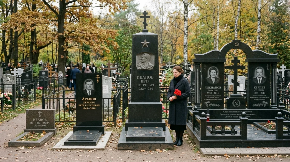 Памятники из разных материалов: серый и чёрный гранит, мрамор с резьбой, мемориальный комплекс с аркой