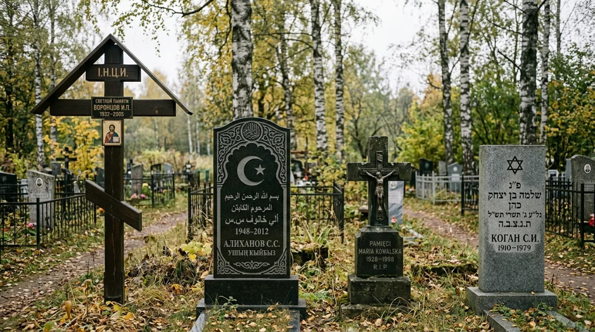 Надгробия с символикой разных конфессий: православный крест, полумесяц и звезда Давида