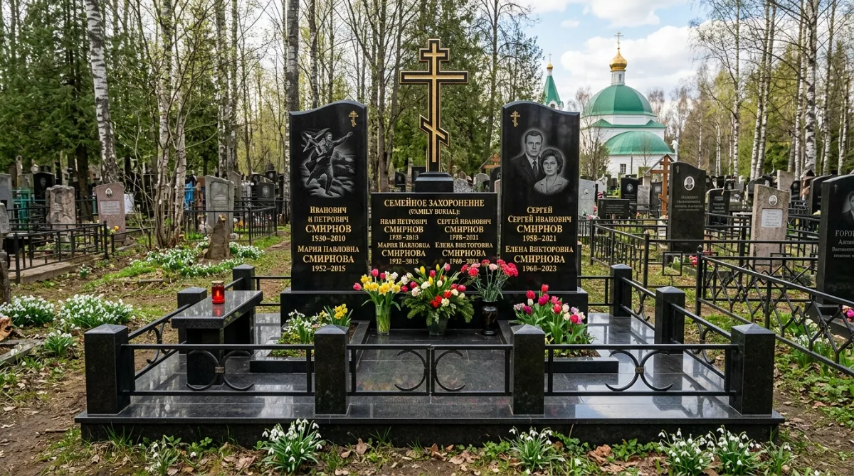 Семейное захоронение с двумя чёрными гранитными стелами, цветником и оградой