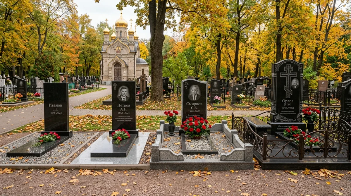 Несколько памятников разной формы на осеннем кладбище, на заднем плане часовня