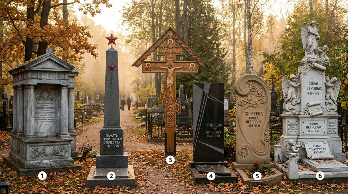 Старинные надгробия в утреннем тумане: обелиск, крест и скульптура ангела