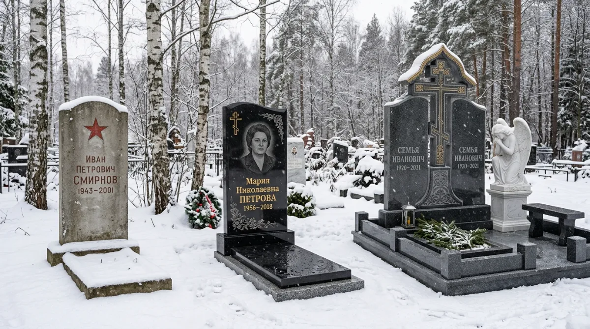 Памятники разной комплектации под снегом: стела, надгробная плита и мемориальный комплекс