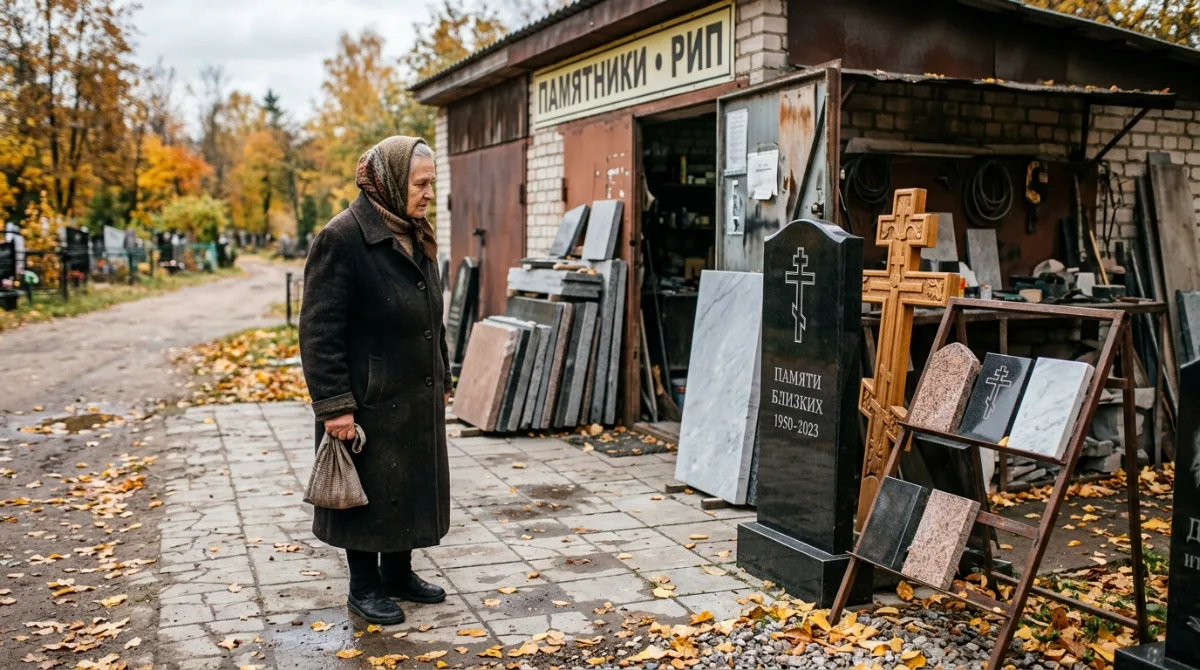 Павильон гранитной мастерской с образцами памятников у входа