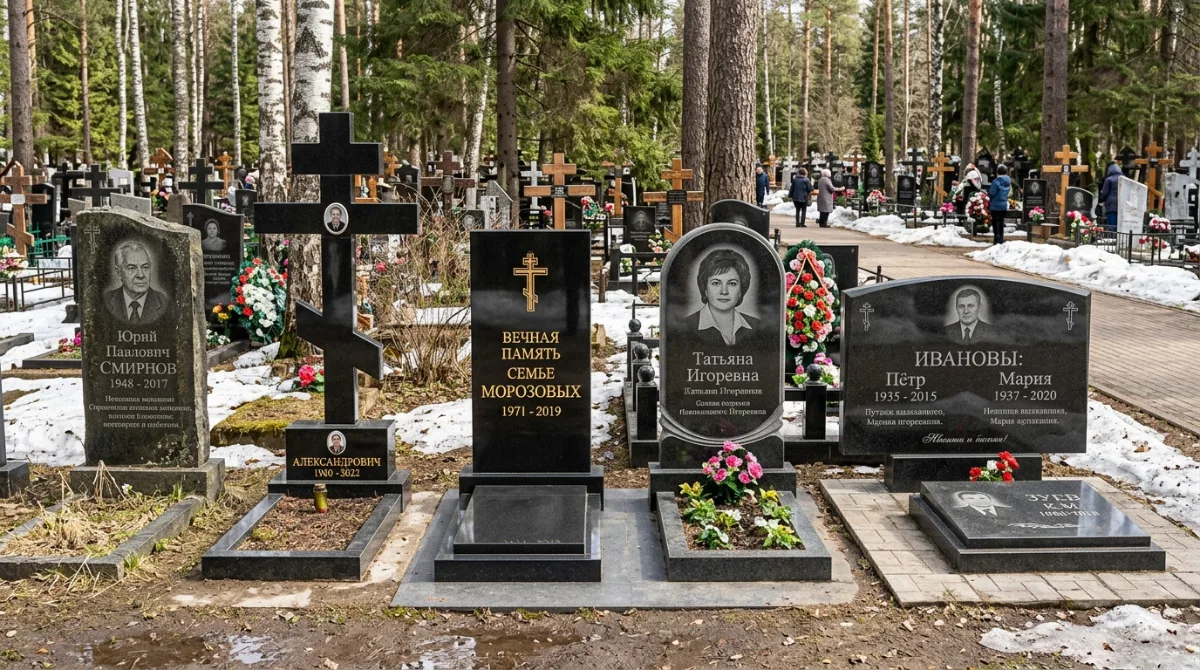 Ряд семейных захоронений с гранитными стелами, плитами и цветниками